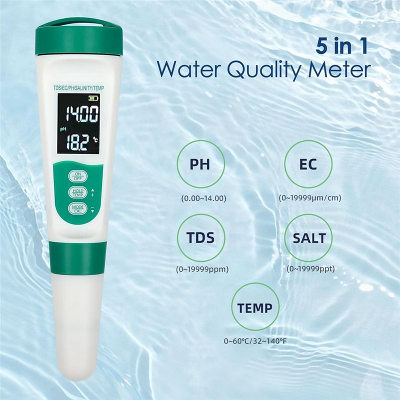Цифровой pH-метр AT02-5 5-в-1: – обзор и цена Ph Meter Digital Water Tester