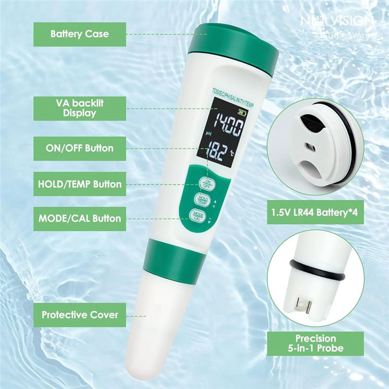 Цифровой pH-метр AT02-5 5-в-1: – обзор и цена Ph Meter Digital Water Tester